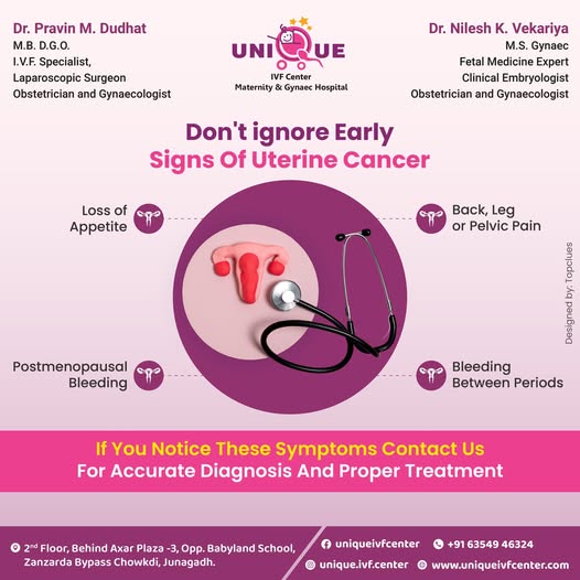 uterine cancer symptoms, early signs of uterine cancer, endometrial cancer awareness, fertility centre in Junagadh, best IVF center in Junagadh, Unique IVF Hospital, ICSI treatment Junagadh, women’s reproductive health, gynecology hospital Junagadh, postmenopausal bleeding, uterine cancer diagnosis, reproductive health care
