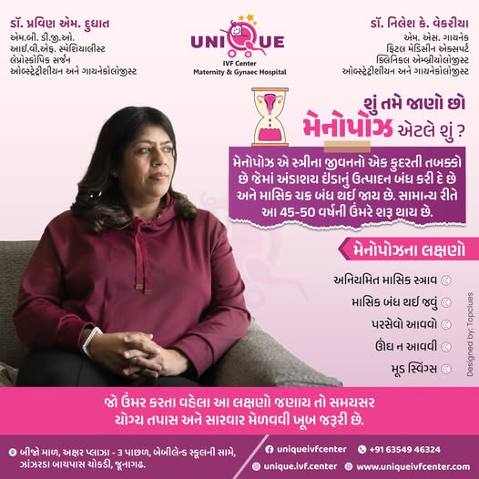 menopause symptoms, early menopause signs, perimenopause vs menopause, women's health in Junagadh, menopause treatment Junagadh, hormone changes in menopause, best IVF center in Junagadh, Unique IVF Hospital Junagadh, ICSI treatment in Junagadh, vaginal dryness menopause, mood swings menopause, hot flashes remedy, managing menopause naturally, hormonal therapy for menopause, female infertility Junagadh