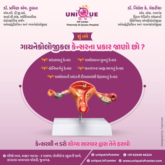 gynecological cancers, ovarian cancer awareness, cervical cancer prevention, uterine cancer symptoms, best IVF center in Junagadh, Unique IVF Hospital Junagadh, ICSI treatment in Junagadh, women's reproductive health Junagadh, HPV and cervical cancer, gynecology and fertility care, vulvar cancer symptoms, vaginal cancer screening, early detection of female cancers, endometrial cancer diagnosis, fertility centre Junagadh, cancer screening for women, holistic women’s health care