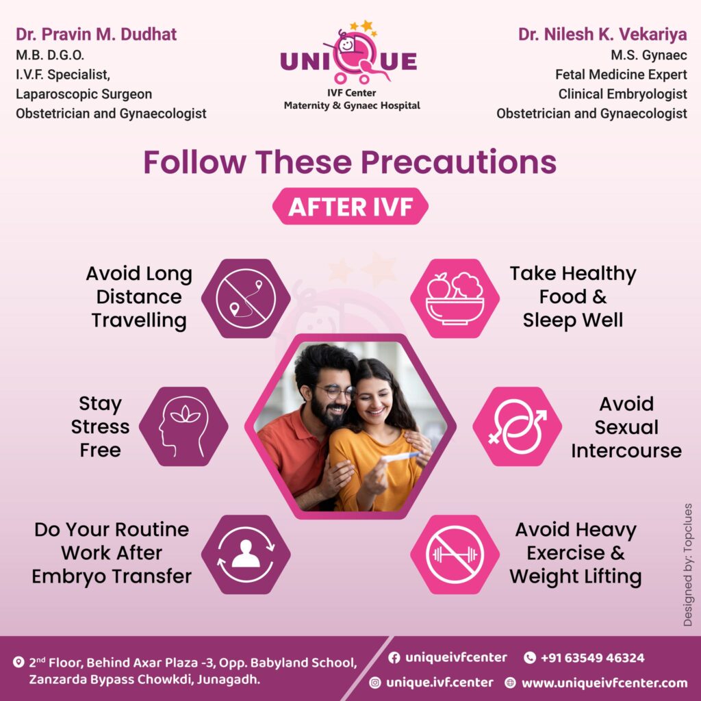 IVF treatment Junagadh, ICSI treatment Junagadh, embryo transfer precautions, Unique IVF Hospital Junagadh, fertility centre Junagadh, IVF success tips, male infertility treatment, female infertility solutions, emotional support during IVF, best IVF center Junagadh